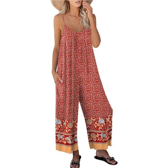 Women Summer Casual Boho Wide Leg Jumpsuits Floral Red - Picture 1 of 6